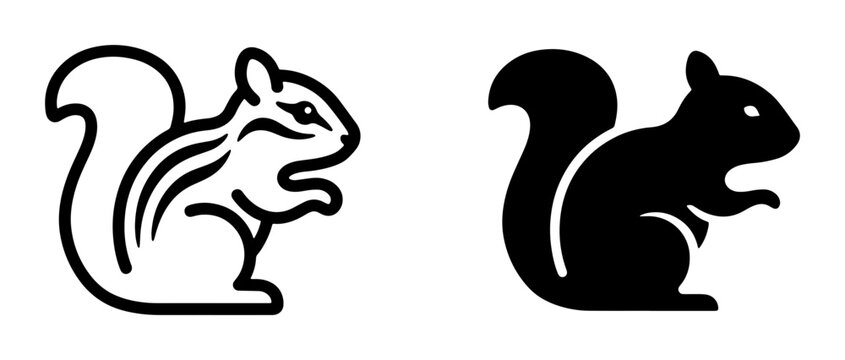 Squirrel Icons, Vector Graphics: Outline and Silhouette of Rodent, Wildlife Symbols for Nature and Forest Themes