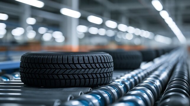 A new car tire on a factory conveyor belt isolated on transparent background. Ideal for automotive manufacturing and industrial supply chain concepts.