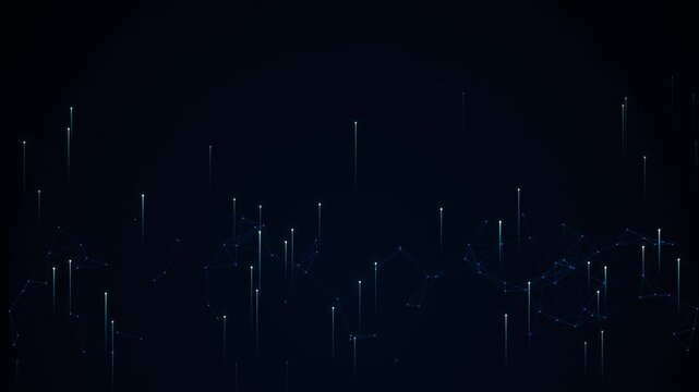 Abstract blue digital network background with glowing connection nodes and vertical light trails