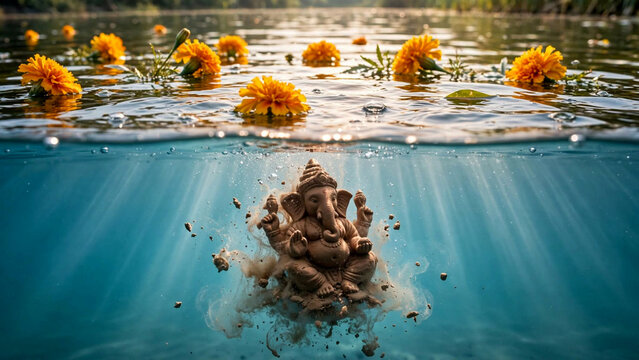 Ganesha Idol Immersion: A clay idol of Lord Ganesha submerged in clear blue water, with marigold flowers floating on the surface.
