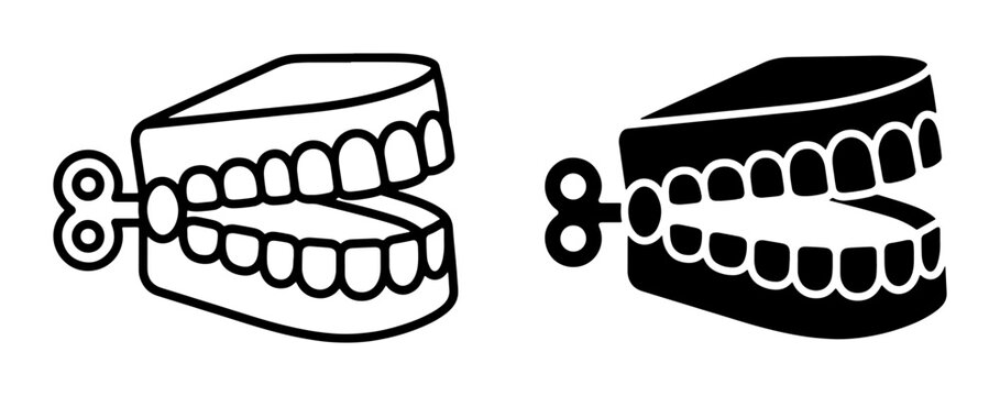 Wind-up Chattering Teeth Icons, Retro Novelty Toy, Gag Gift, Funny Dental Humor, Black and White Vector Set