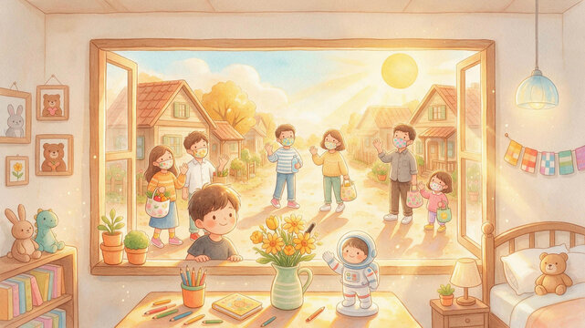 Watercolor illustration of boy waving from window to masked neighbors in sunny neighborhood, warm golden sunlight, cozy suburban houses, cute child bedroom with toys and flowers, friendly community gr