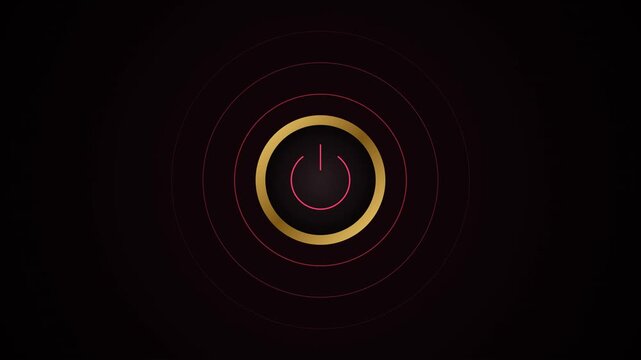 Cinematic 4K Motion Tracking Shot Of Power Button Icon With Circular Lines In Dark Background For Technology Presentation