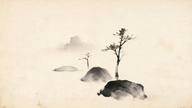 Minimalist East Asian ink wash landscape painting, solitary pine trees on misty rocks, traditional Japanese sumi-e style, serene monochrome nature scene, soft fog, ancient paper texture, zen tranquil 