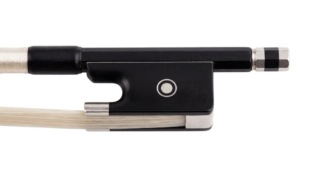 Professional violin bow frog detail, ebony wood and horsehair musical equipment, orchestral string instrument accessory isolated PNG with Transparent Background