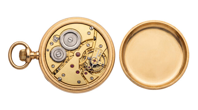 Vintage gold pocket watch movement, open antique timepiece mechanism, intricate brass gears and clockwork details isolated PNG with Transparent Background