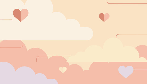 Romantic dreamlike background showing soft pastel pink and purple clouds with cute floating paper hearts.