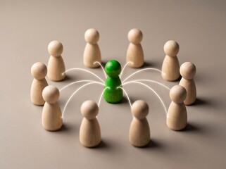 Obraz premium Hub and Spoke Leadership Concept with Green Wooden Figure Connecting Beige Team Members - Business Networking, Communication, and Centralized Management Illustration