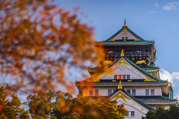 Osaka Castle in autumn with vibrant foliage and clear blue sky © narongcp