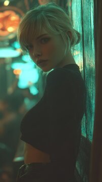 Stunning blonde woman posing in urban night setting with glowing teal neon lights and cinematic city nightlife atmosphere for fashion and lifestyle concepts.