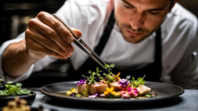 Professional Chef Plating Gourmet Dish with Tweezers