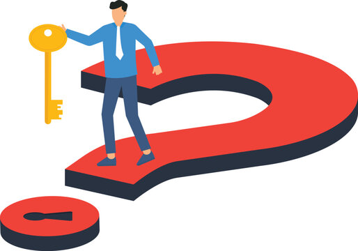 Businessman standing question mark holding golden key finding solution business strategy unlocking potential critical thinking challenge opportunity strategic decision finding answer conceptual design