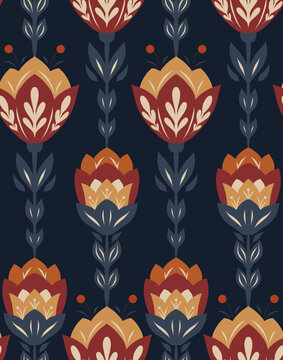 Vector decorative pattern with folk art flowers in a row on dark background. Tracery texture with wildflowers. Vertical floral motif