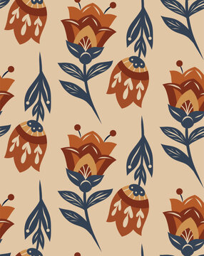 Vector decorative pattern with folk art flowers on light background. Seamless texture with tracery wildflowers. Floral motif for wallpaper