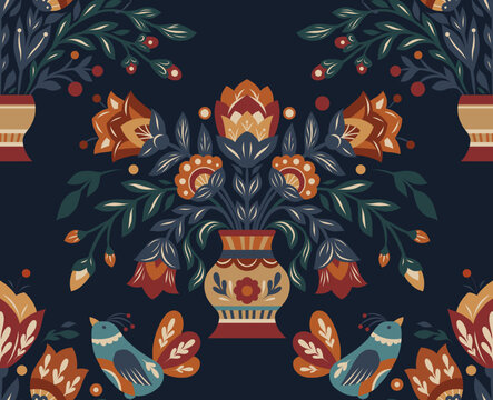 Vector decorative pattern with flowers in a vase in folk art style on dark background. Texture with tracery floral ornament. Wildflowers backdrop
