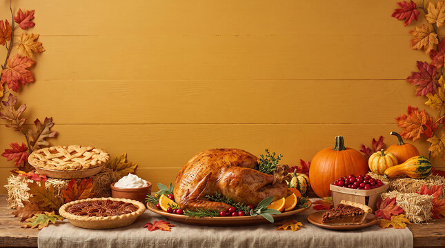 Thanksgiving dinner table with roasted turkey and autumn desserts against yellow wooden background.