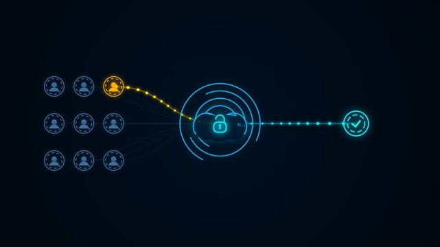 Abstract digital illustration of network security and data protection concept with user icons and cloud symbol