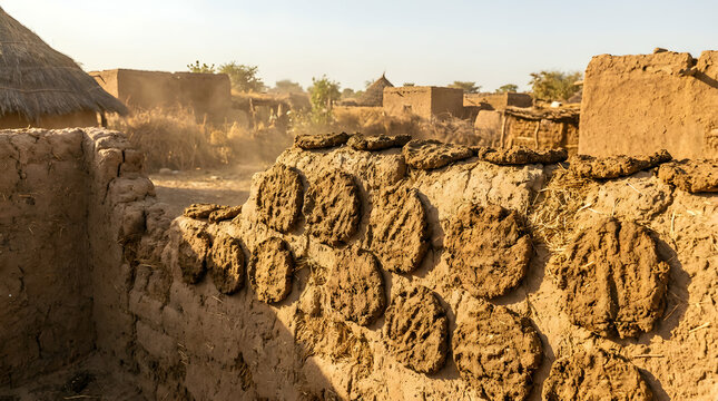 Dried cow dung cakes drying in rural setting
