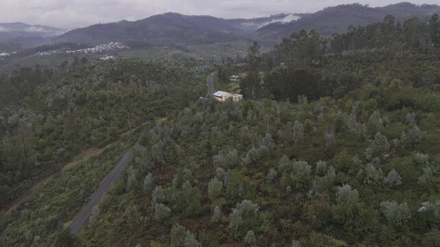 Aerial drone view of a curved mountain road winding between terrace garlic farms and stepped agricultural fields in Poondi, Palani Hills, Tamil Nadu, surrounded by native trees and lush monsoon vegeta