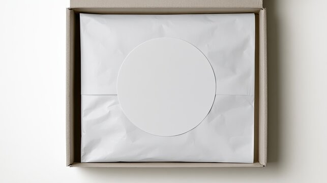 Open cardboard box containing items wrapped in white tissue paper, secured with a round sticker