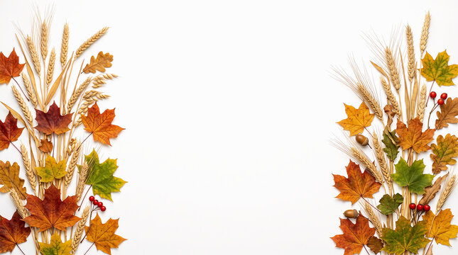 Autumn leaves and wheat stalks creating decorative borders on white background.