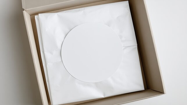 Minimalist open gift box with white tissue paper and blank circle