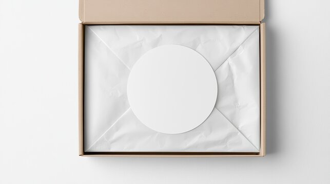 Open cardboard box with white tissue paper and blank circle