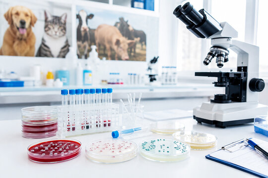 Veterinary laboratory interior with microscope, petri dishes with bacteria cultures and test tubes on table. Animal diagnostic testing and microbiology research