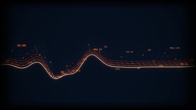 Abstract digital data visualization with glowing orangewaveforms and numerical frequency markers on grid lines