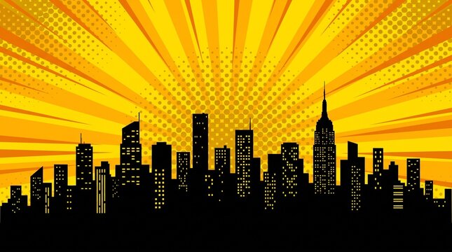 Pop art cityscape silhouette against orange starburst comic background