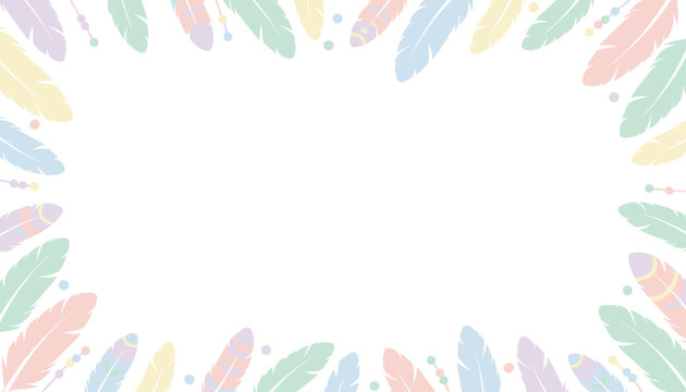 Pastel boho border template with soft colored feathers and small beads framing a central copy space on a white background.