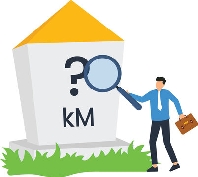 Businessman searching distance measurement road milestone travel planning finding location question mark metric system navigation uncertainty magnifying glass business journey
