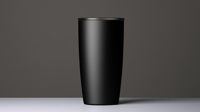 Sleek black insulated tumbler on white surface against dark gray background