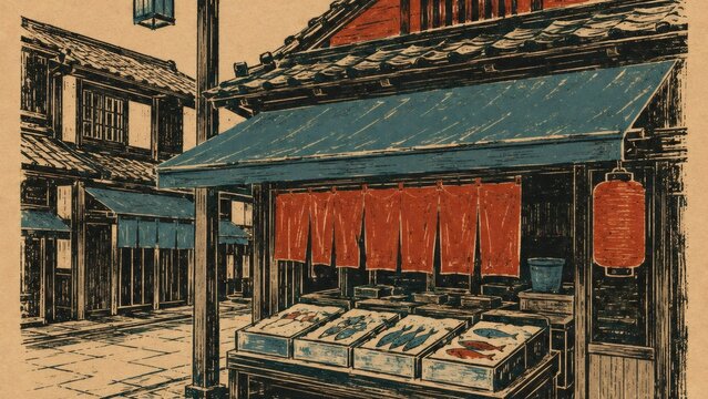 朱色と墨色の木版画風で描く魚屋の店先