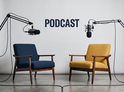 Two empty armchairs with microphones and recording equipment for a professional podcast studio setup microphone stand audio recording broadcasting equipment talk show
