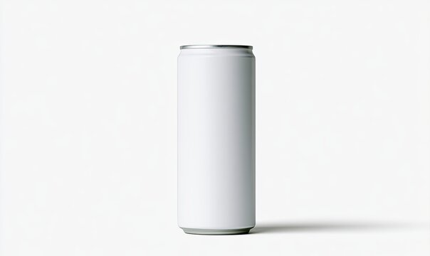 Plain white beverage can with silver top and bottom on a white surface