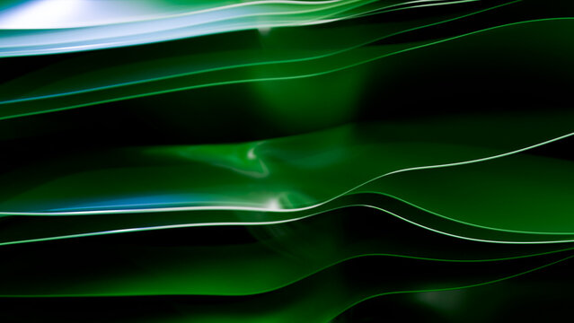 Abstract digital artwork with smooth flowing green lines on dark