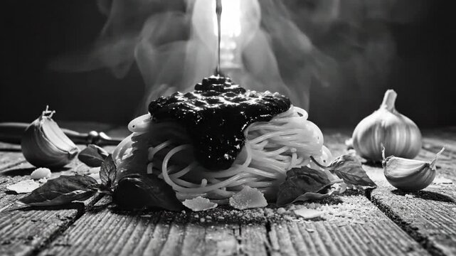 Black and white close up of spaghetti pasta dish with steaming tomato sauce garlic basil and parmesan cheese on rustic wood table