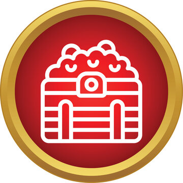 Treasure chest filled with gold and jewels in a red circle with a gold border