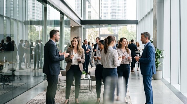 Professional business people network and socialize at a corporate networking event inside a sunny office building during a busy workday as they exchange ideas and discuss new projects together