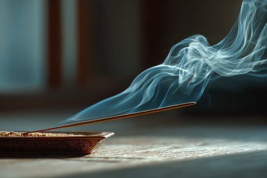 An incense stick burns gently atop a decorative holder, releasing aromatic smoke that drifts in wisps to purify the air and create a meditative atmosphere