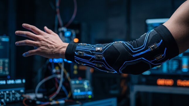 A person wears a futuristic compression sleeve with glowing blue circuitry in a dark lab with sensors laboratory environment electronic circuits small
