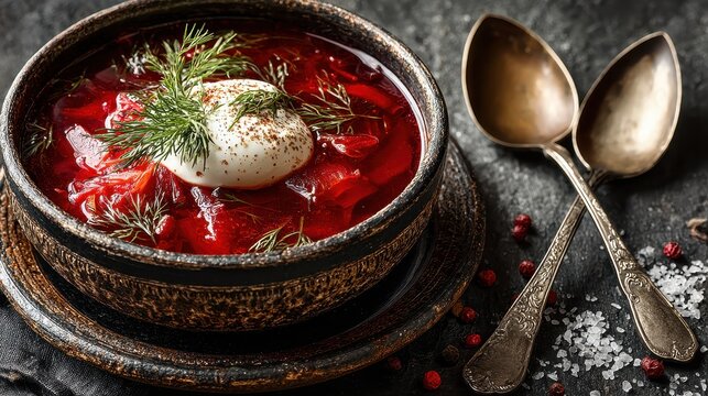 A bowl of traditional borscht, a vibrant beetroot soup, is garnished with sour cream and dill. Antique spoons rest beside this comforting dish of Ukrainian cuisine