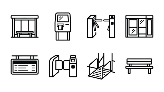 Transportation Icons: A collection of vector icons representing various public transport elements, including a bus stop, ticket machine, turnstile, ATM, and bench.