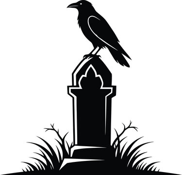 Black silhouette of a crow perched on a tombstone in a spooky graveyard setting for halloween design projects