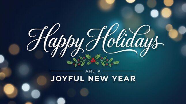 Elegant script text 'Happy Holidays' with holly and berries during a festive bokeh background