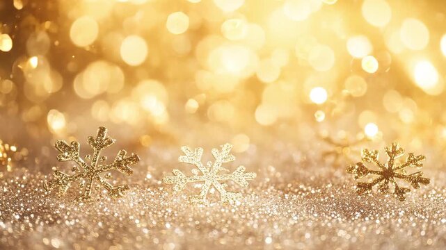 Golden snowflakes lie on soft white surface with light glimmering around during holiday season