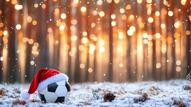A soccer ball with a hat sits in snow among pine cones and trees decorated with lights during the holiday season