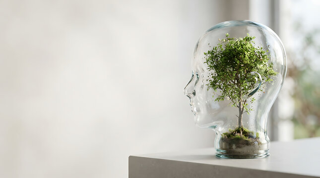 Mental Health and Personal Growth Concept with Green Tree Growing Inside Glass Human Head