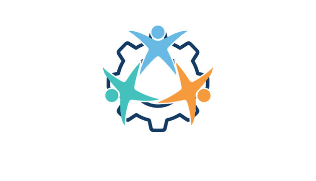Teamwork logo showing three stylized human figures holding hands inside a dark blue gear on a white background.